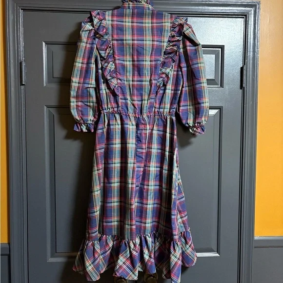 Vintage Colorful Plaid Ruffle Dress with Pearl Buttons - Picture 2 of 4